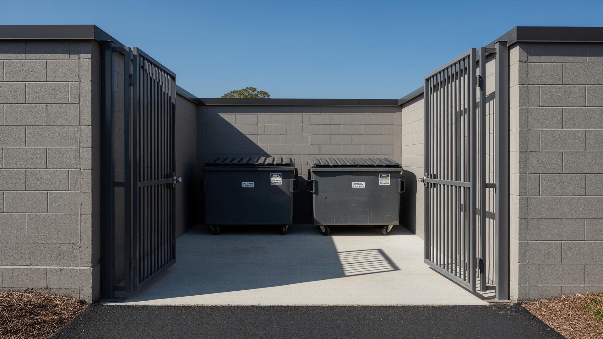 Clean, organized commercial trash enclosure with aligned dumpsters and swept concrete