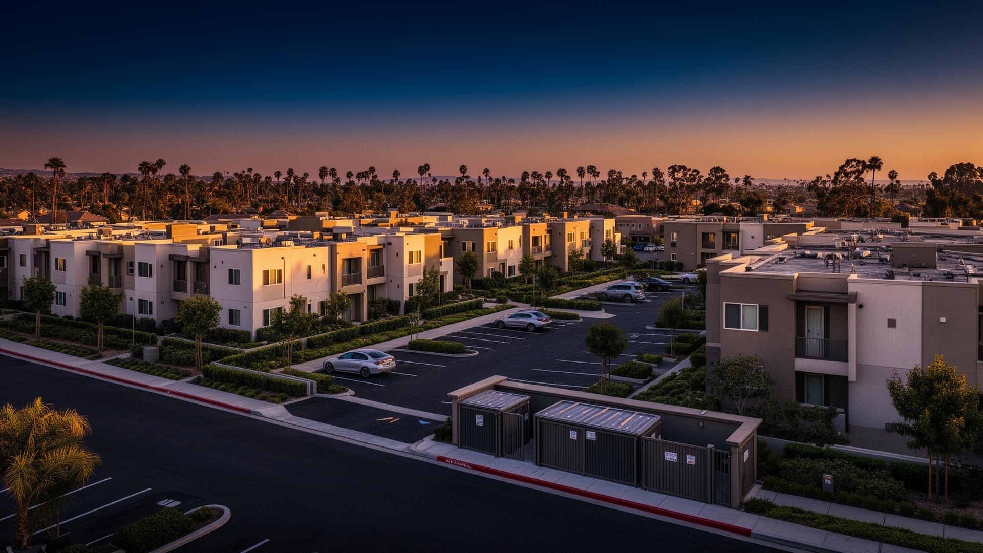 Aerial view of a well-maintained Southern California apartment complex with a clean trash enclosure